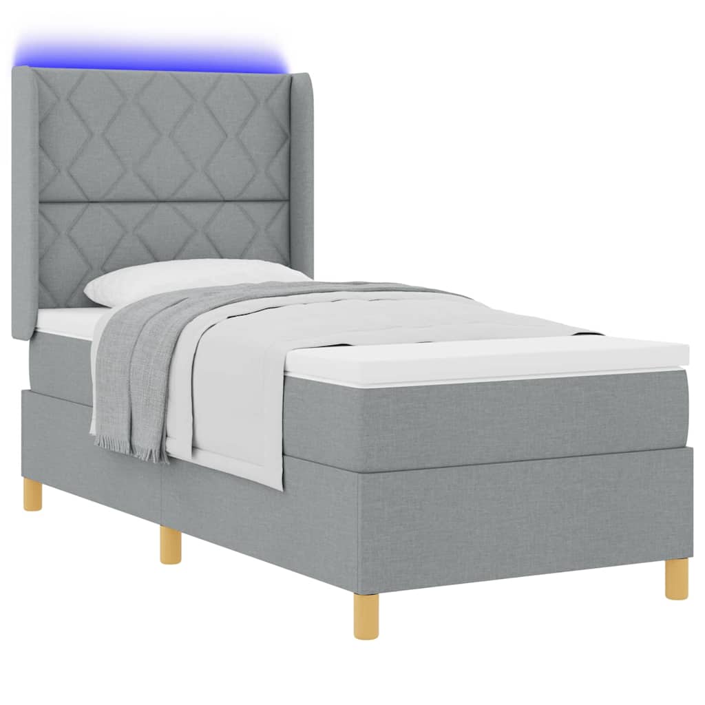 Box spring seng med LED-lysstrimler Lysegrå 90 x 190 cm Stof