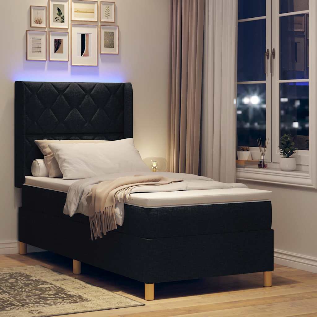 Box spring seng med LED-lysstrimler Sort 90 x 190 cm Stof