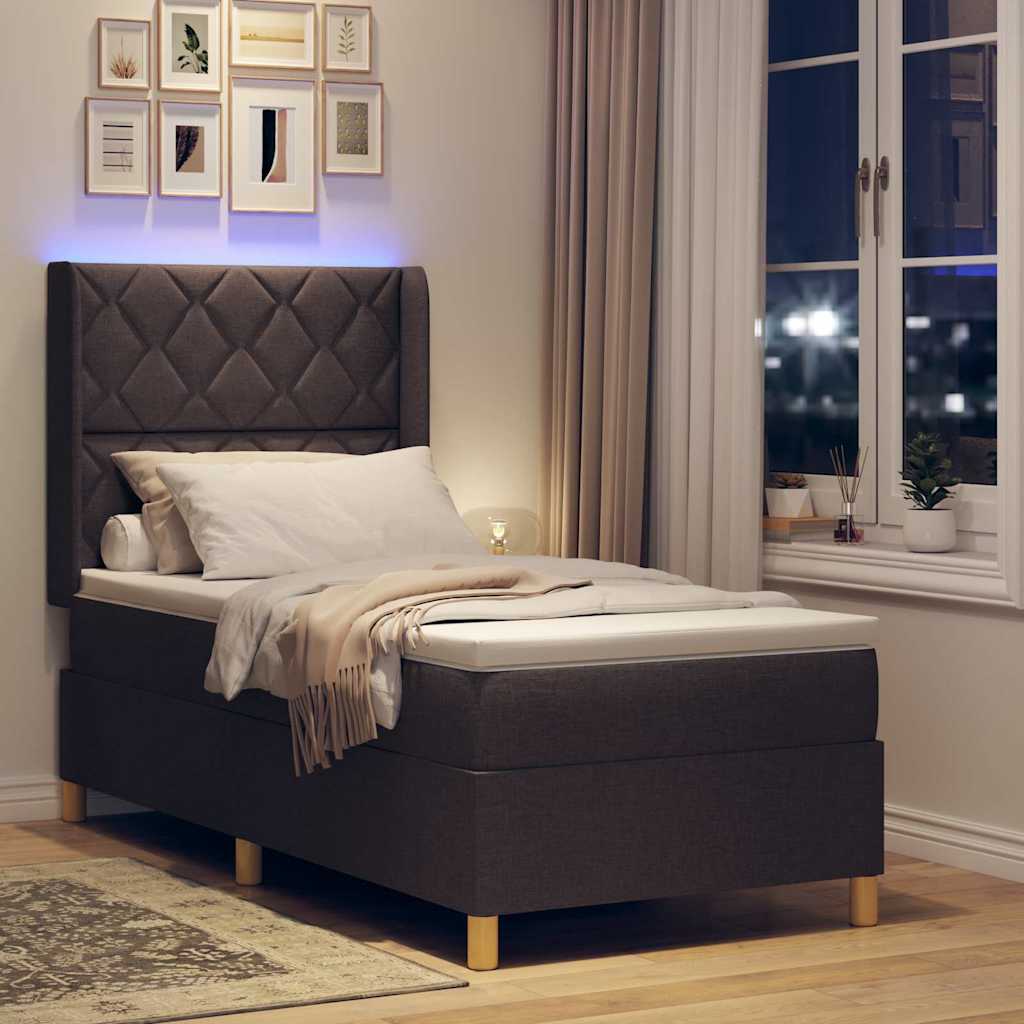 Box spring seng med LED-lysstrimler Brun 90 x 190 cm Stof