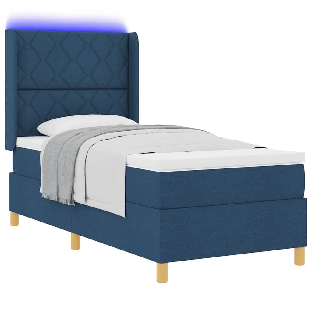 Box spring seng med LED-lysstrimler Blå 90 x 190 cm Stof