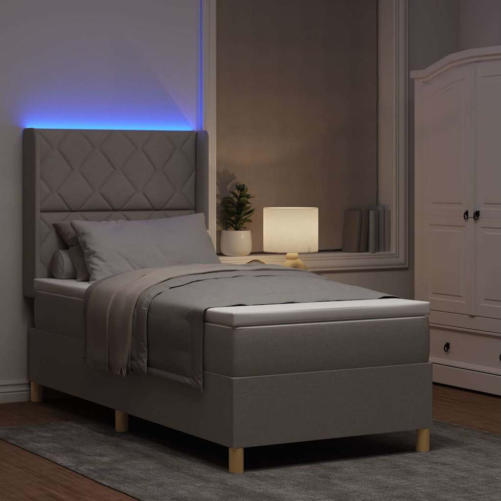 Box spring seng med LED-lysstrimler Gråbrun 90 x 200 cm Stof