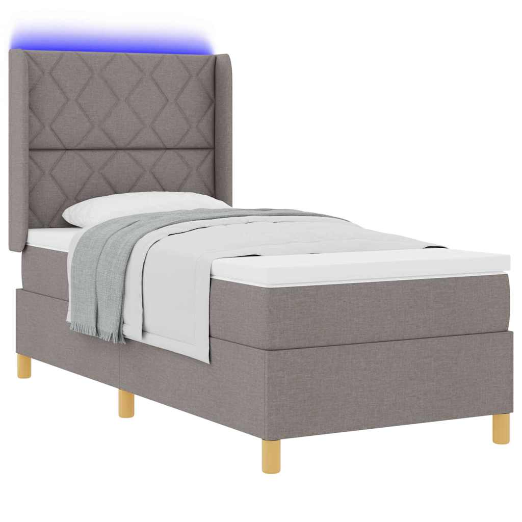 Box spring seng med LED-lysstrimler Gråbrun 90 x 200 cm Stof