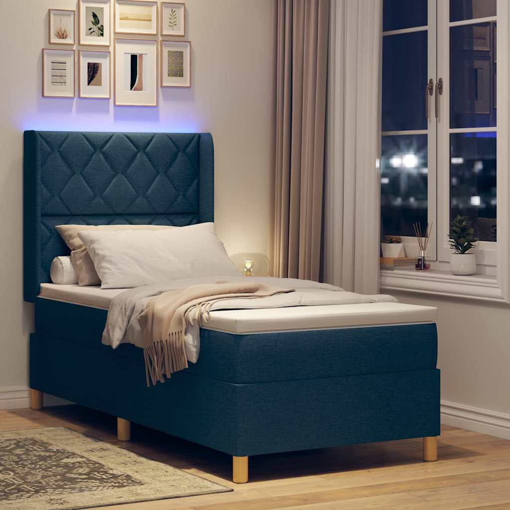 Box spring seng med LED-lysstrimler Blå 90 x 200 cm Stof