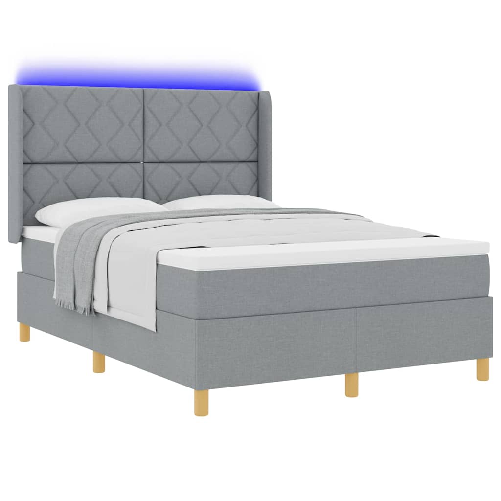 Box spring seng med LED-lysstrimler Lysegrå 140 x 190 cm Stof