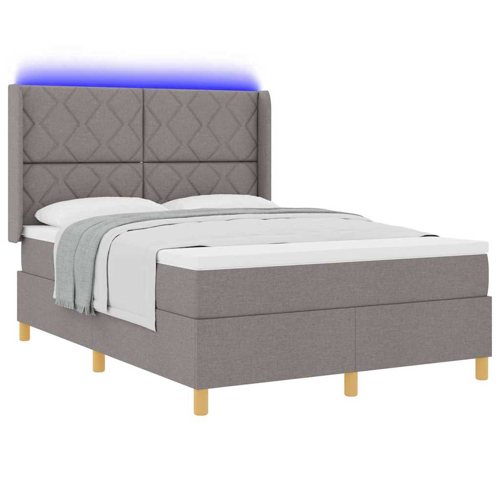 Box spring seng med LED-lysstrimler Gråbrun 140 x 200 cm Stof