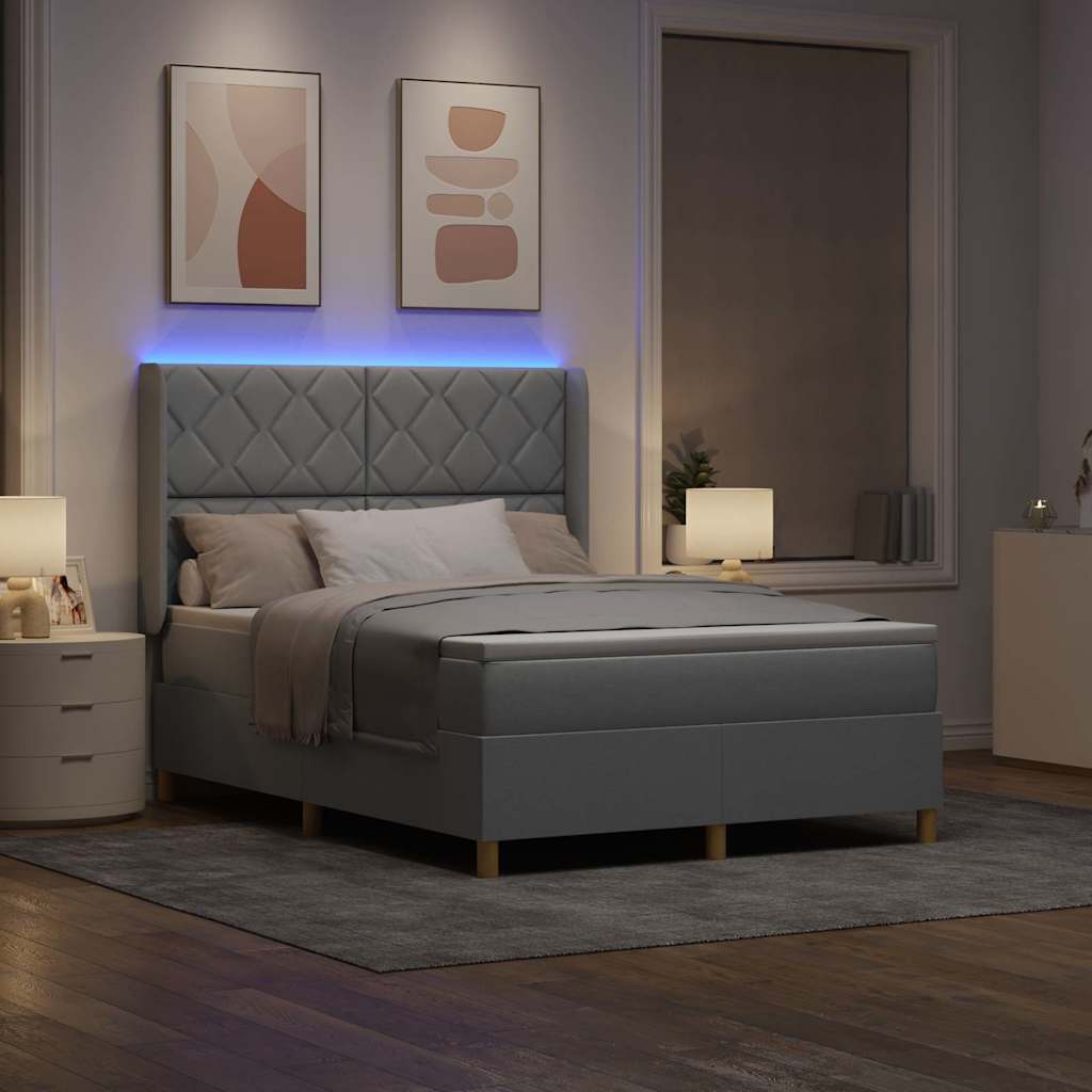 Box spring seng med LED-lysstrimler Lysegrå 160 x 200 cm Stof