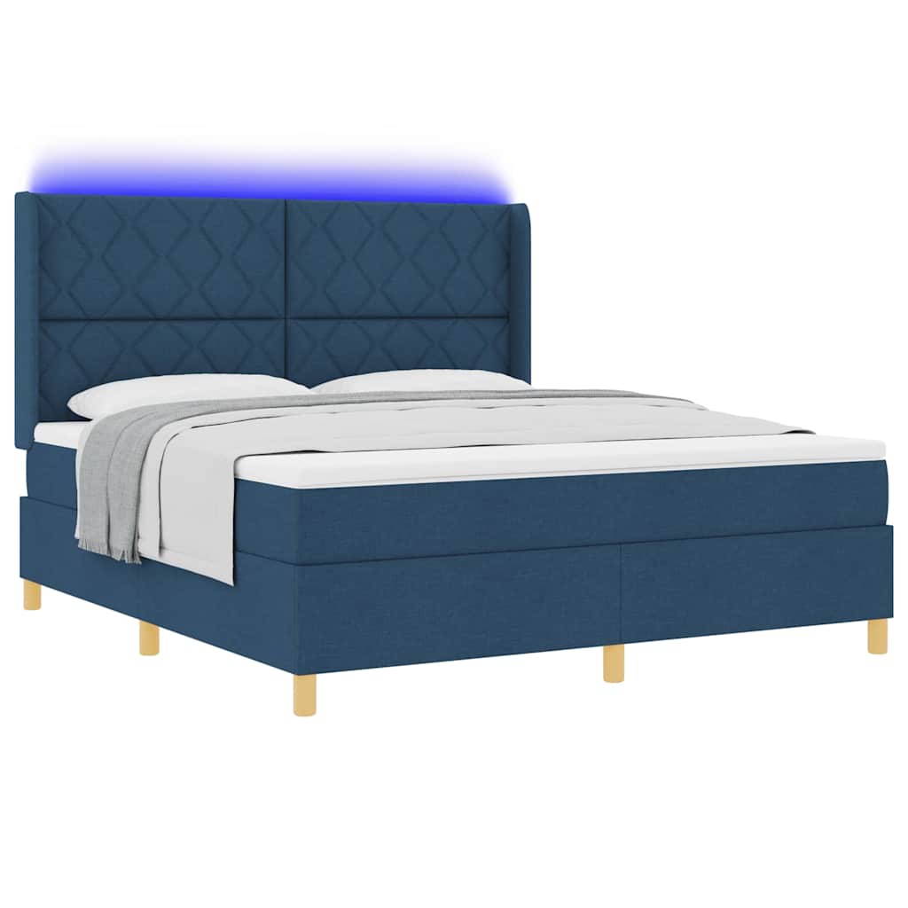 Box spring seng med LED-lysstrimler Blå 180 x 200 cm Stof