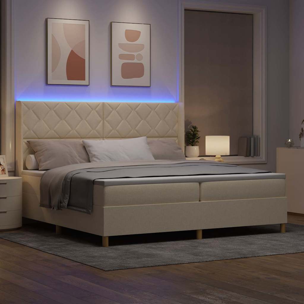 Box spring seng med LED-lysstrimler Creme 200 x 200 cm Stof
