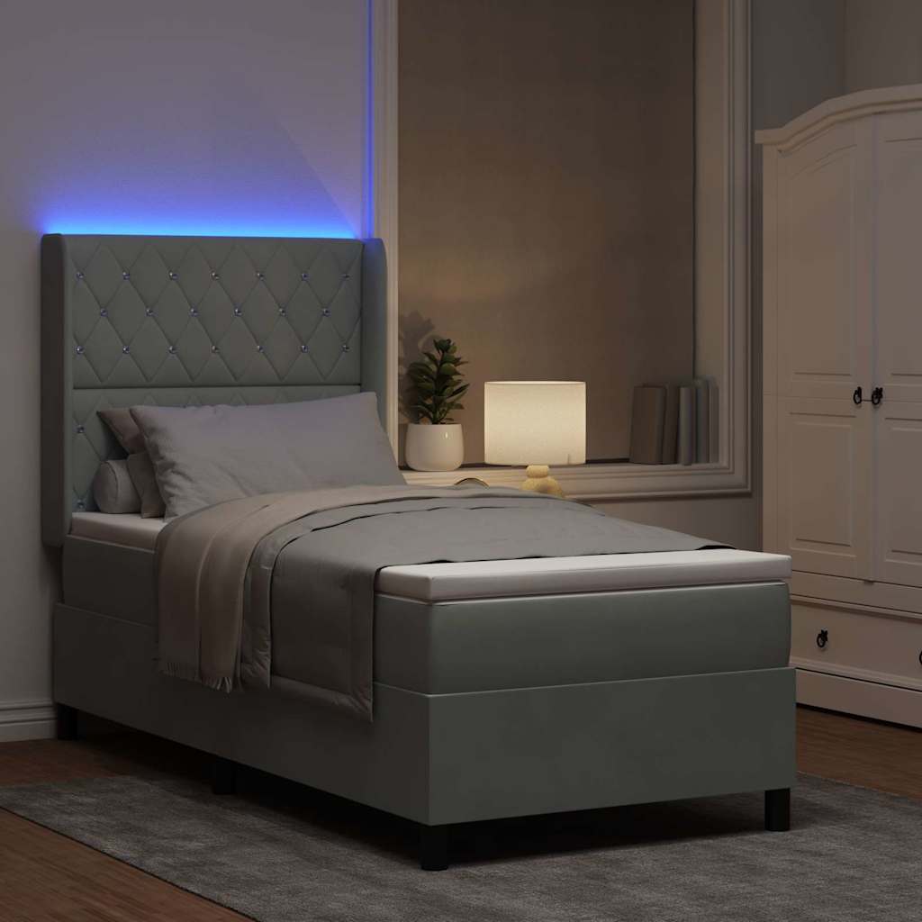 Box spring seng med madras med LED Lysegrå 90 x 190 cm Fløjl