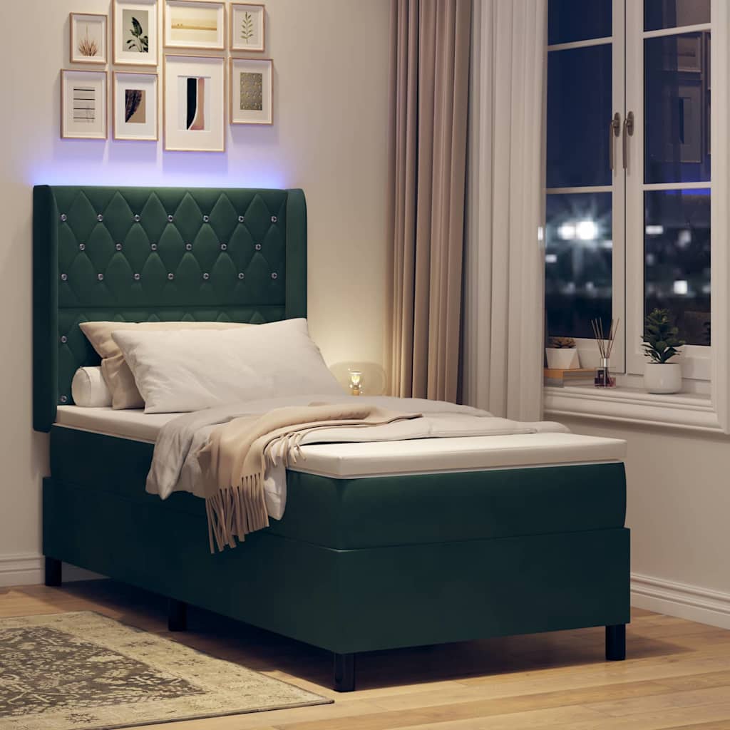Box spring seng med madras med LED Mørkegrøn 90 x 190 cm Fløjl