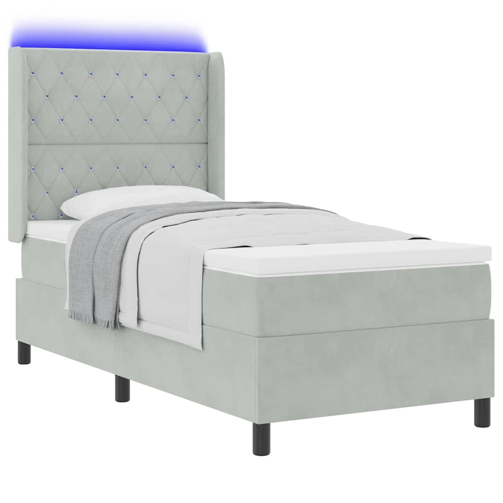Box spring seng med madras med LED Lysegrå 90 x 200 cm Fløjl