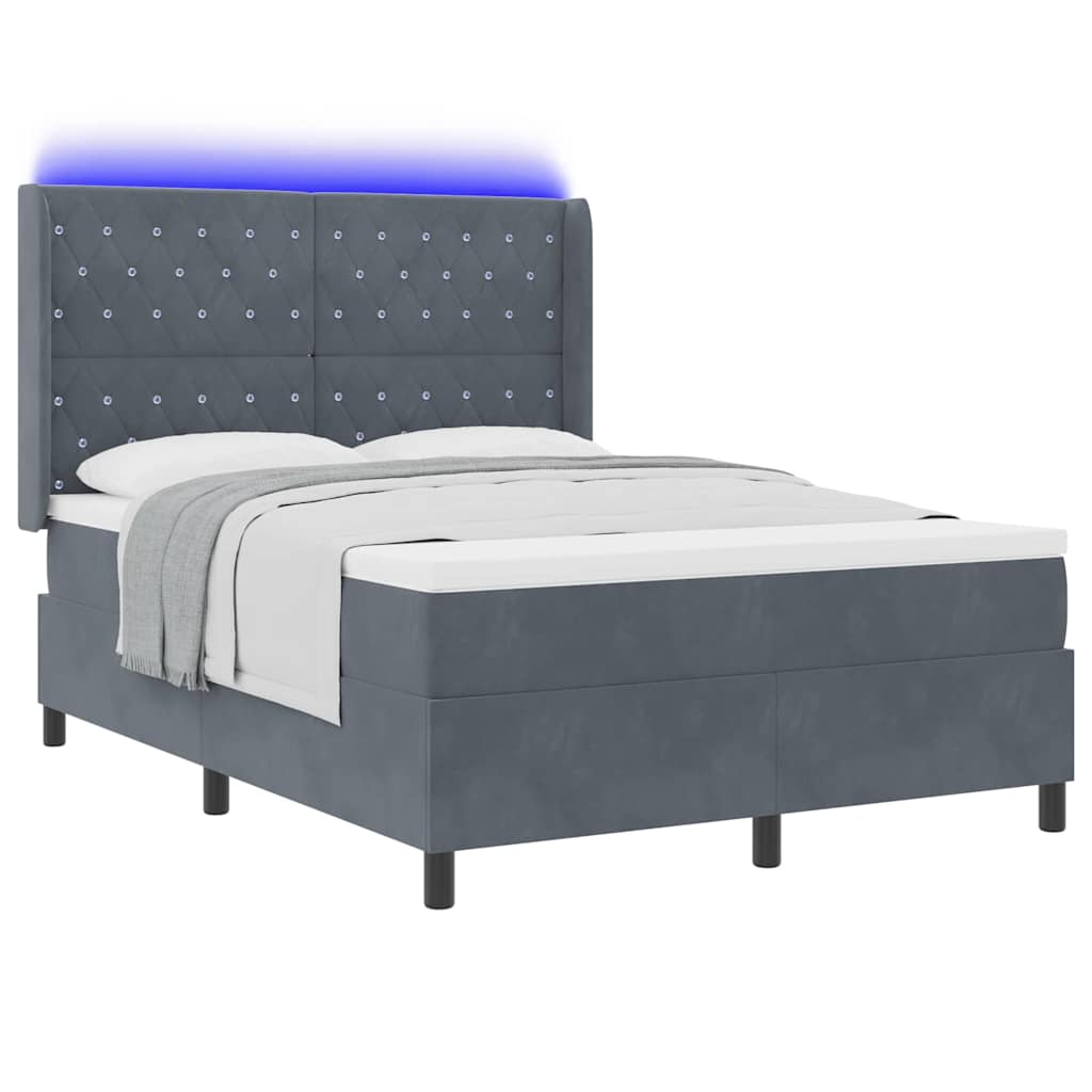 Box spring seng med LED-lysstrimler Mørkegrå 140 x 190 cm Fløjl
