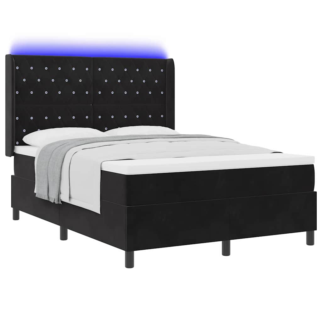 Box spring seng med madras med LED Sort 160 x 200 cm Fløjl