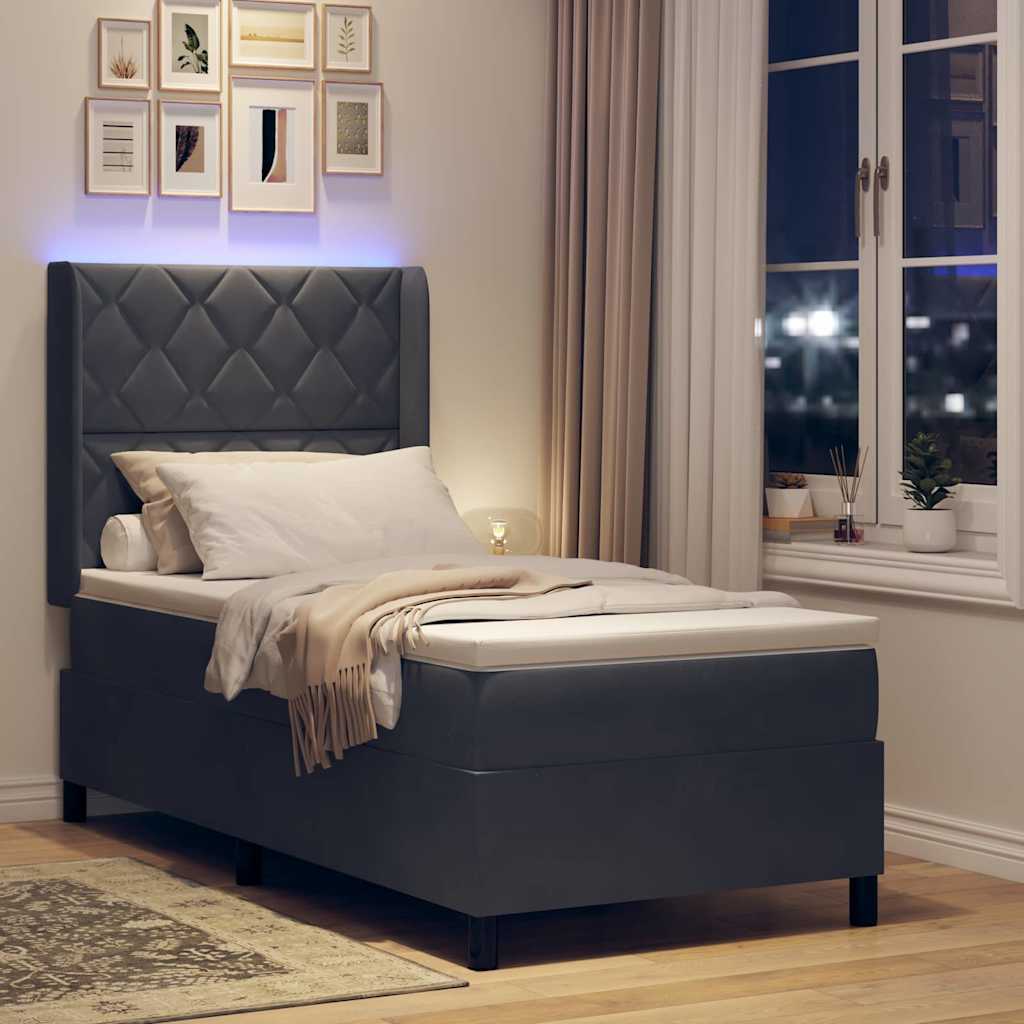 Box spring seng med LED-lysstrimler Mørkegrå 90 x 190 cm Fløjl