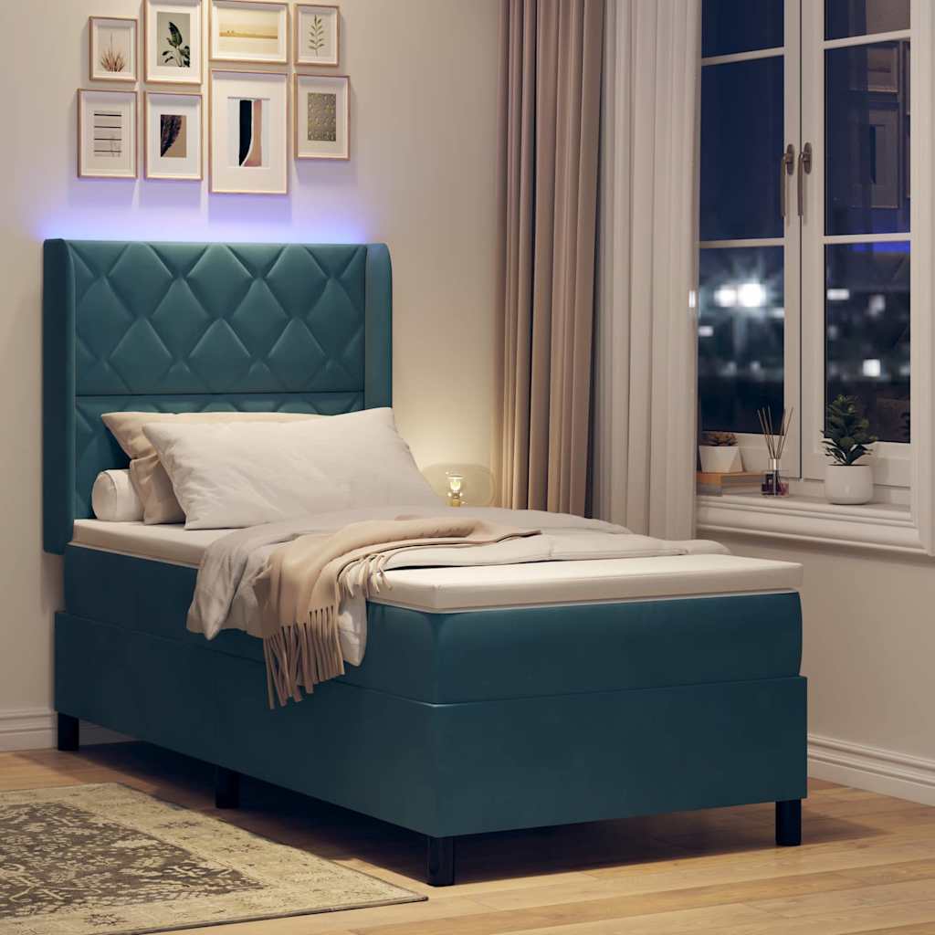 Box spring seng med LED-lysstrimler Blå 90 x 190 cm Fløjl