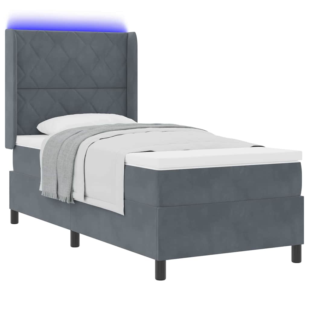 Box spring seng med LED-lysstrimler Mørkegrå 90 x 200 cm Fløjl