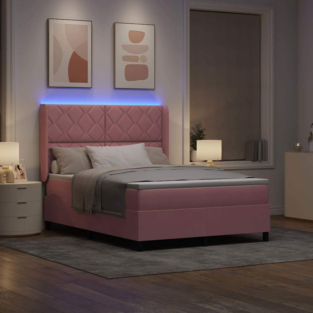 Box spring seng med LED-lysstrimler Lyserød 140 x 190 cm Fløjl