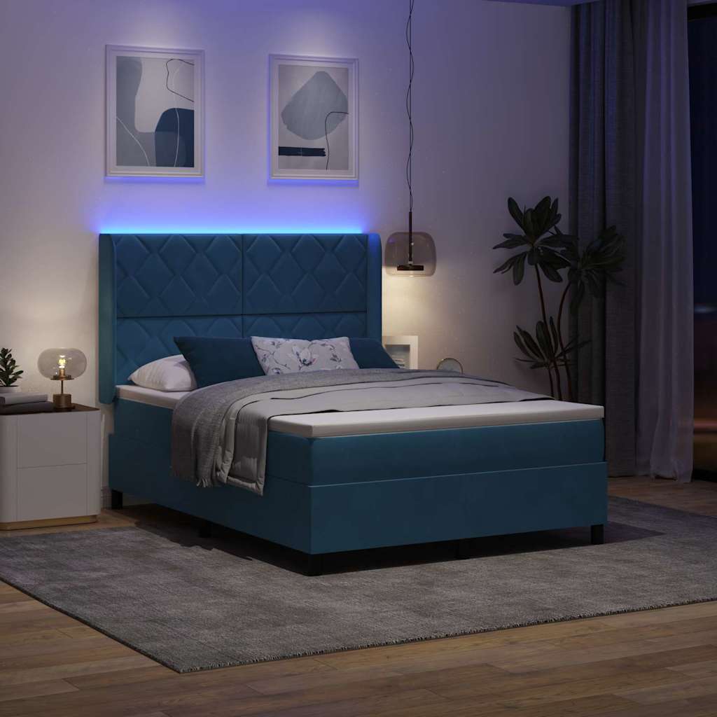 Box spring seng med LED-lysstrimler Blå 140 x 200 cm Fløjl