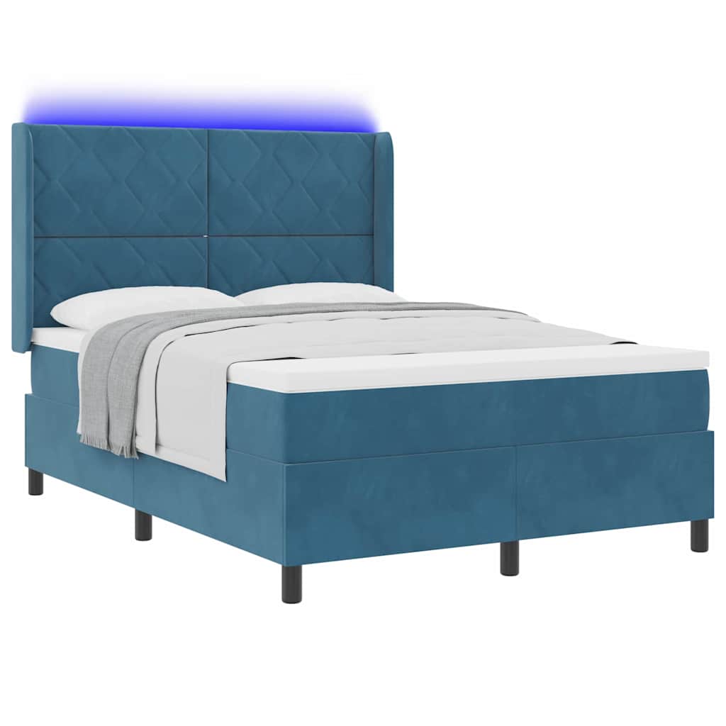 Box spring seng med LED-lysstrimler Blå 140 x 200 cm Fløjl