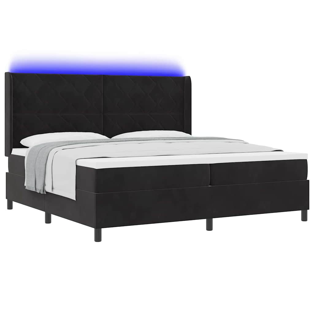 Box spring seng med LED-lysstrimler Sort 200 x 200 cm Fløjl