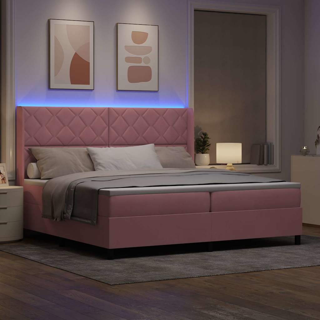 Box spring seng med LED-lysstrimler Lyserød 200 x 200 cm Fløjl