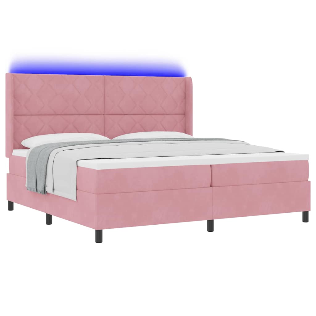 Box spring seng med LED-lysstrimler Lyserød 200 x 200 cm Fløjl