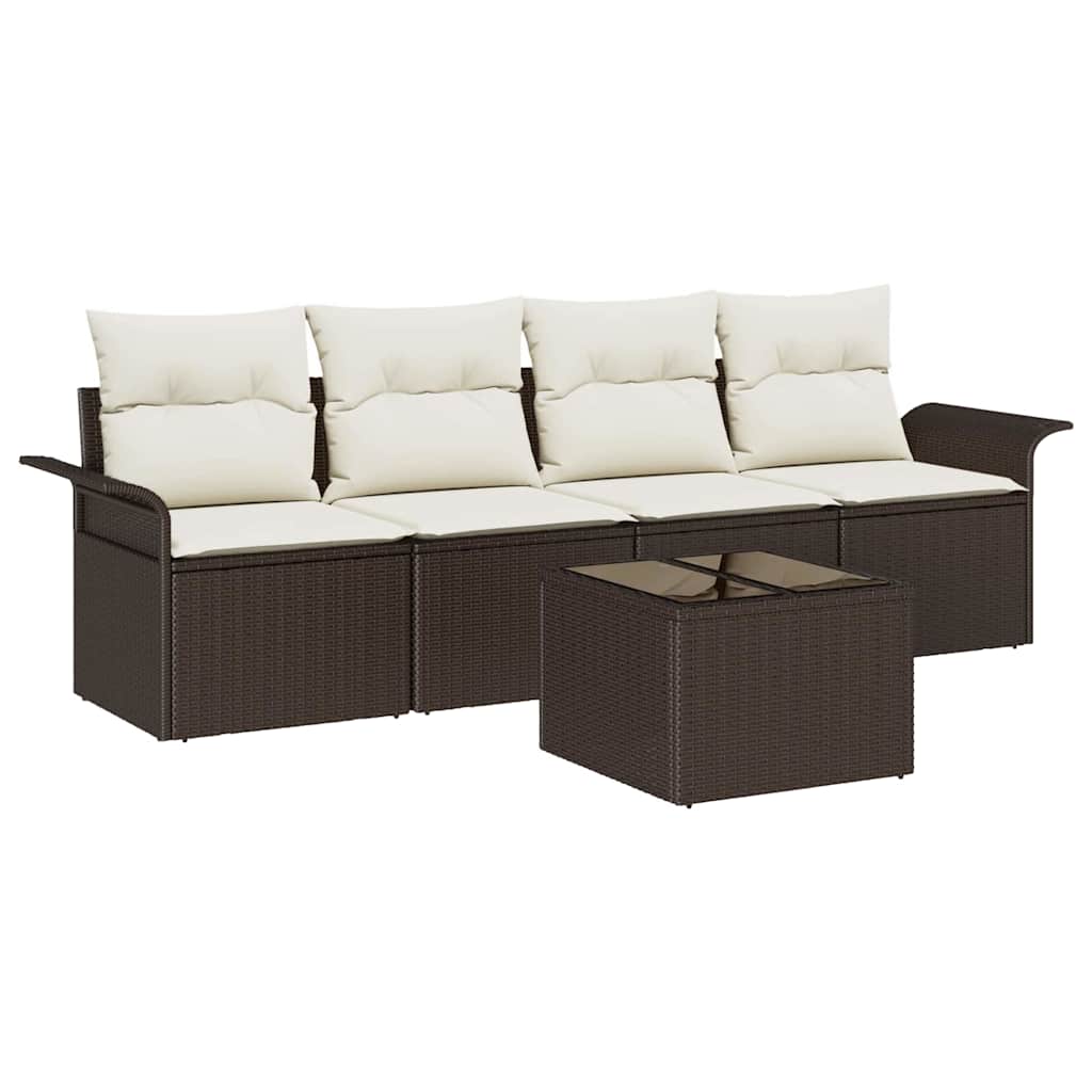 Havesofa Sæt med pude 5 pcs Brun og Creme polyrattan