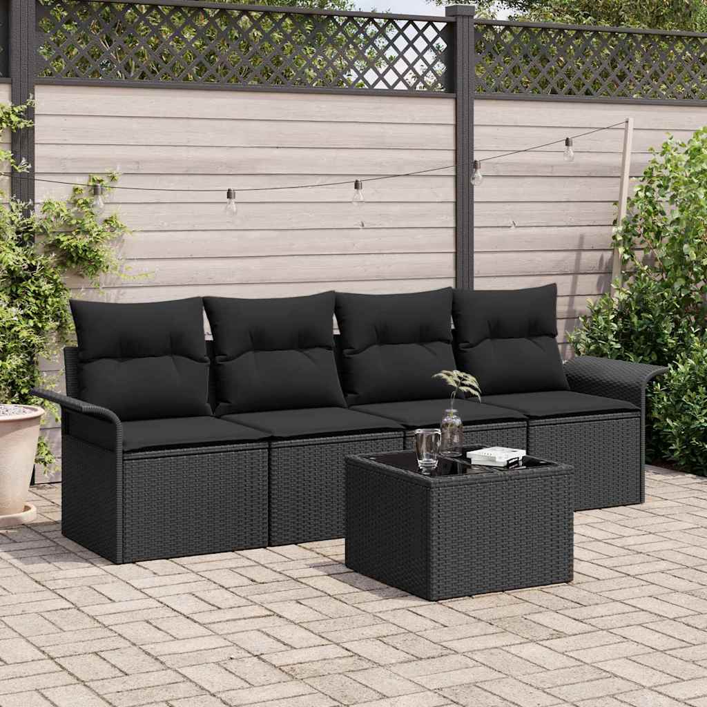 Havesofa sæt med puder og opbevaring, 5 dele - sort polyrattan