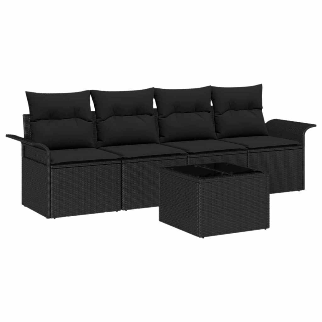 Havesofa Sæt med pude med opbevaring 5 pcs Sort polyrattan