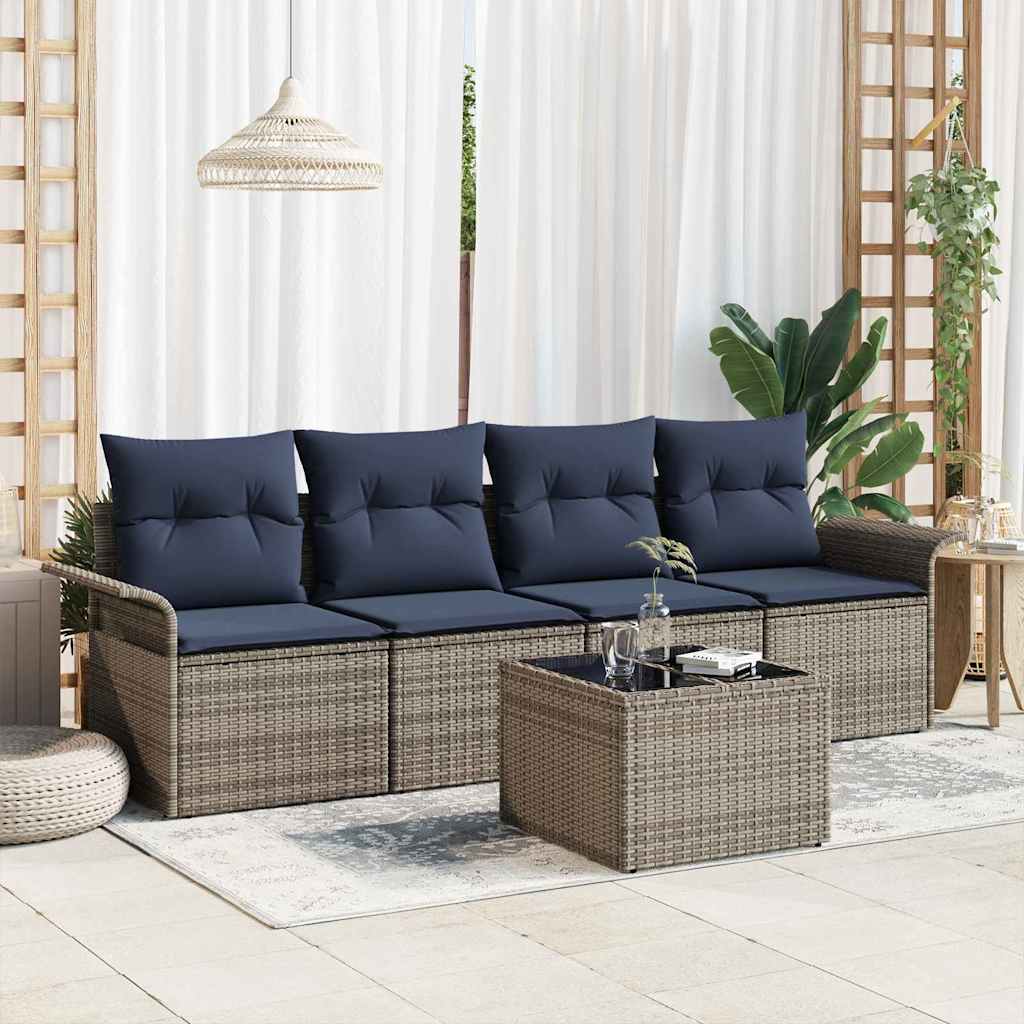 Havesofa Sæt med pude 5 pcs Grå og Marineblå polyrattan