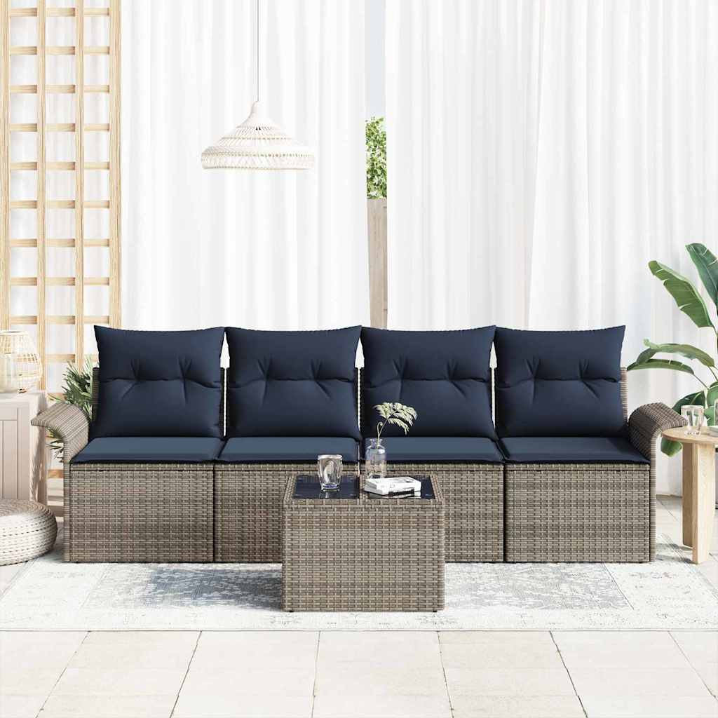 Havesofa Sæt med pude 5 pcs Grå og Marineblå polyrattan