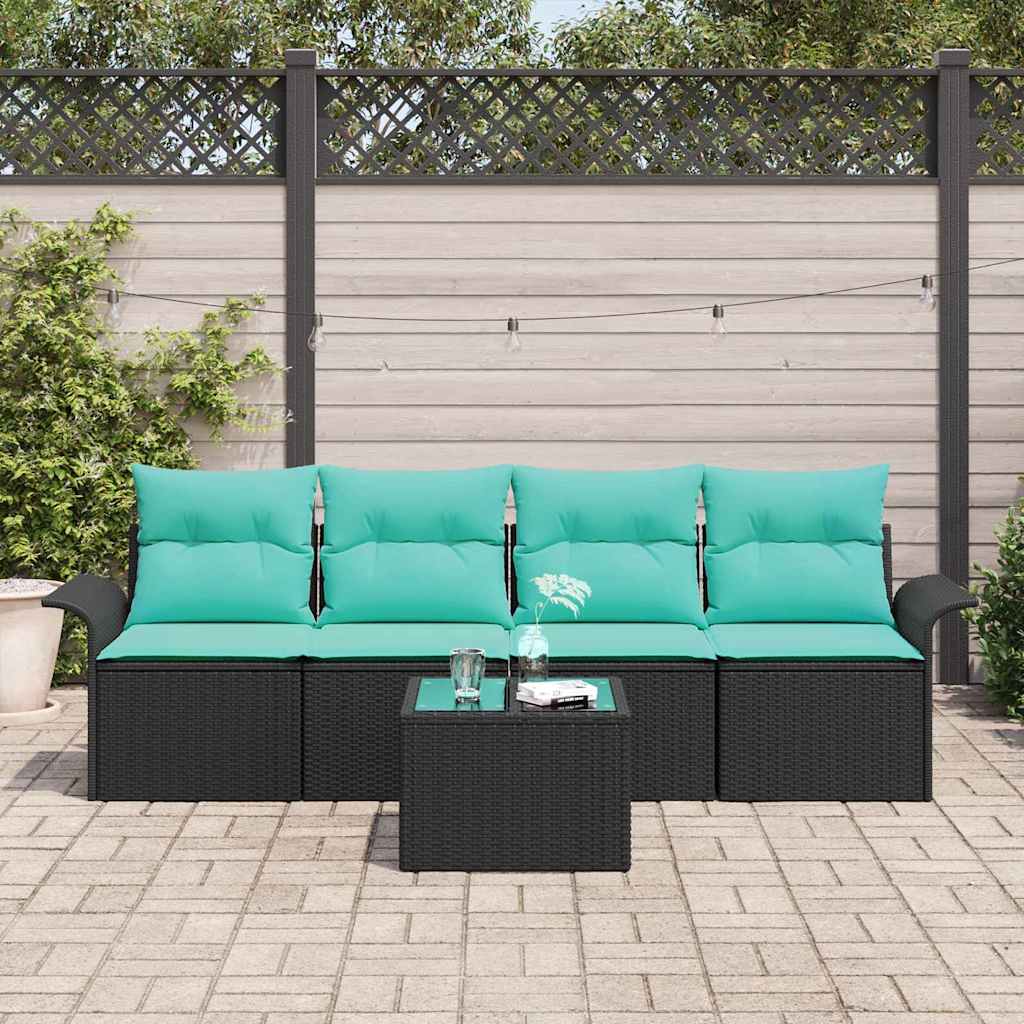 Havesofa Sæt med pude 5 pcs Sort og turkis polyrattan