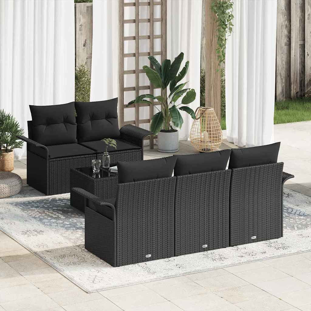 Modulært havesofasæt med puder - 6 dele, sort polyrattan, stål og glas