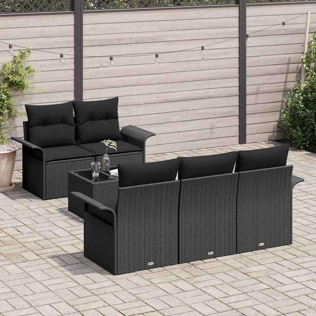 Havesofa Sæt med pude 6 pcs Sort Polyrattan og stål og glas