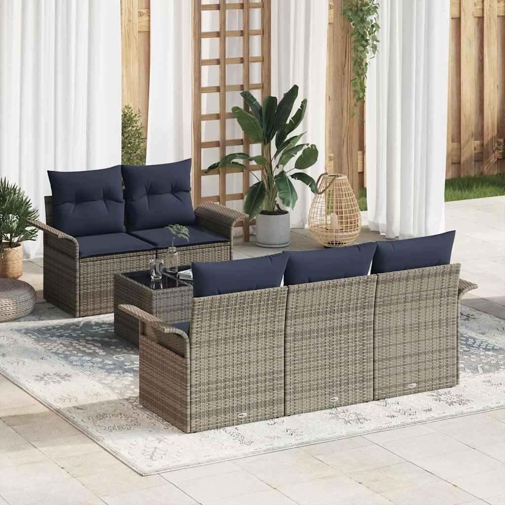 Havesofa Sæt med pude 6 pcs Grå og Marineblå polyrattan