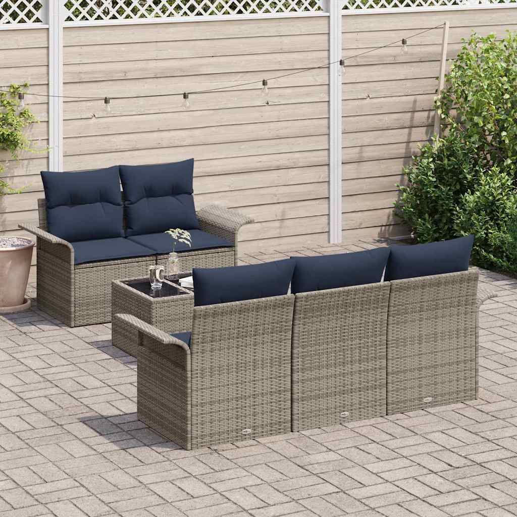Havesofa Sæt med pude 6 pcs Grå og Marineblå polyrattan
