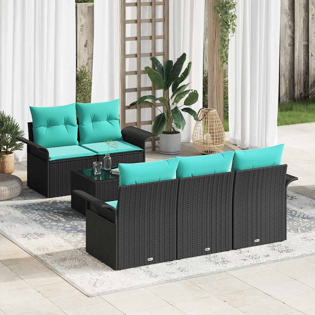Havesofa Sæt med pude 6 pcs Sort og turkis polyrattan
