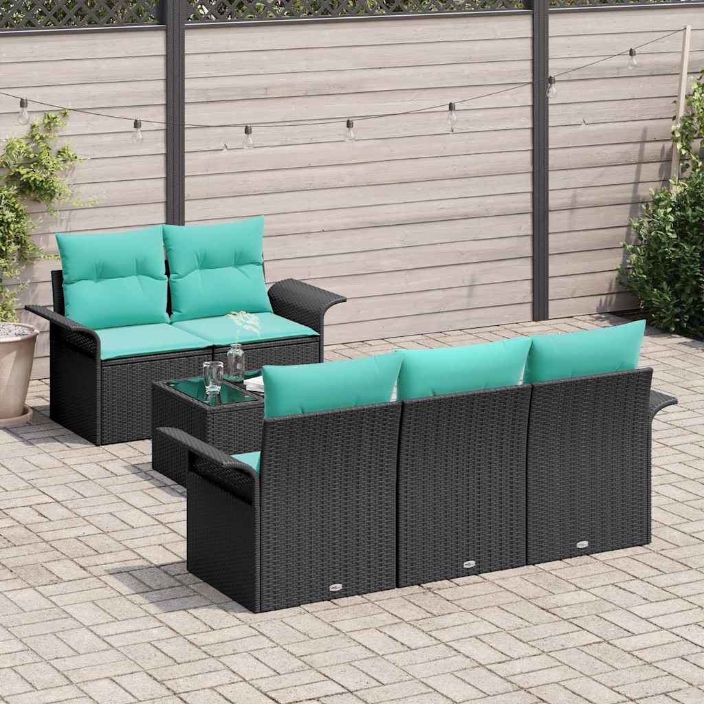 Havesofa Sæt med pude 6 pcs Sort og turkis polyrattan