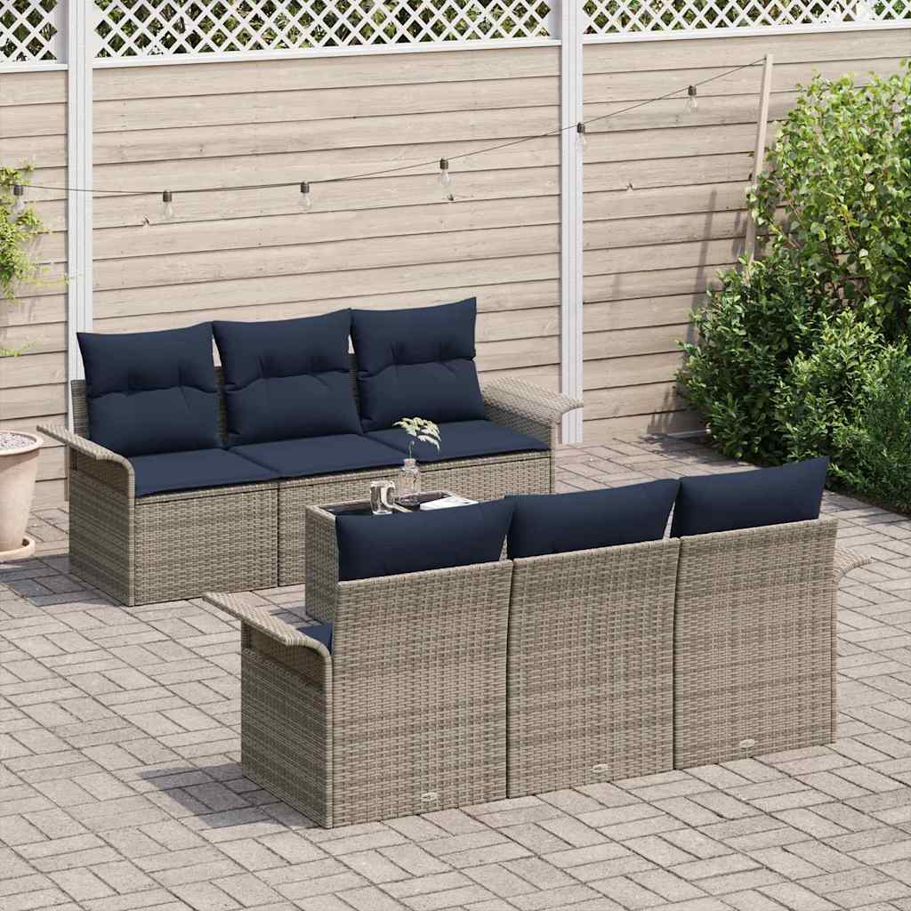 Havesofa Sæt 7 pcs Grå og Marineblå Polyrattan og stål og glas