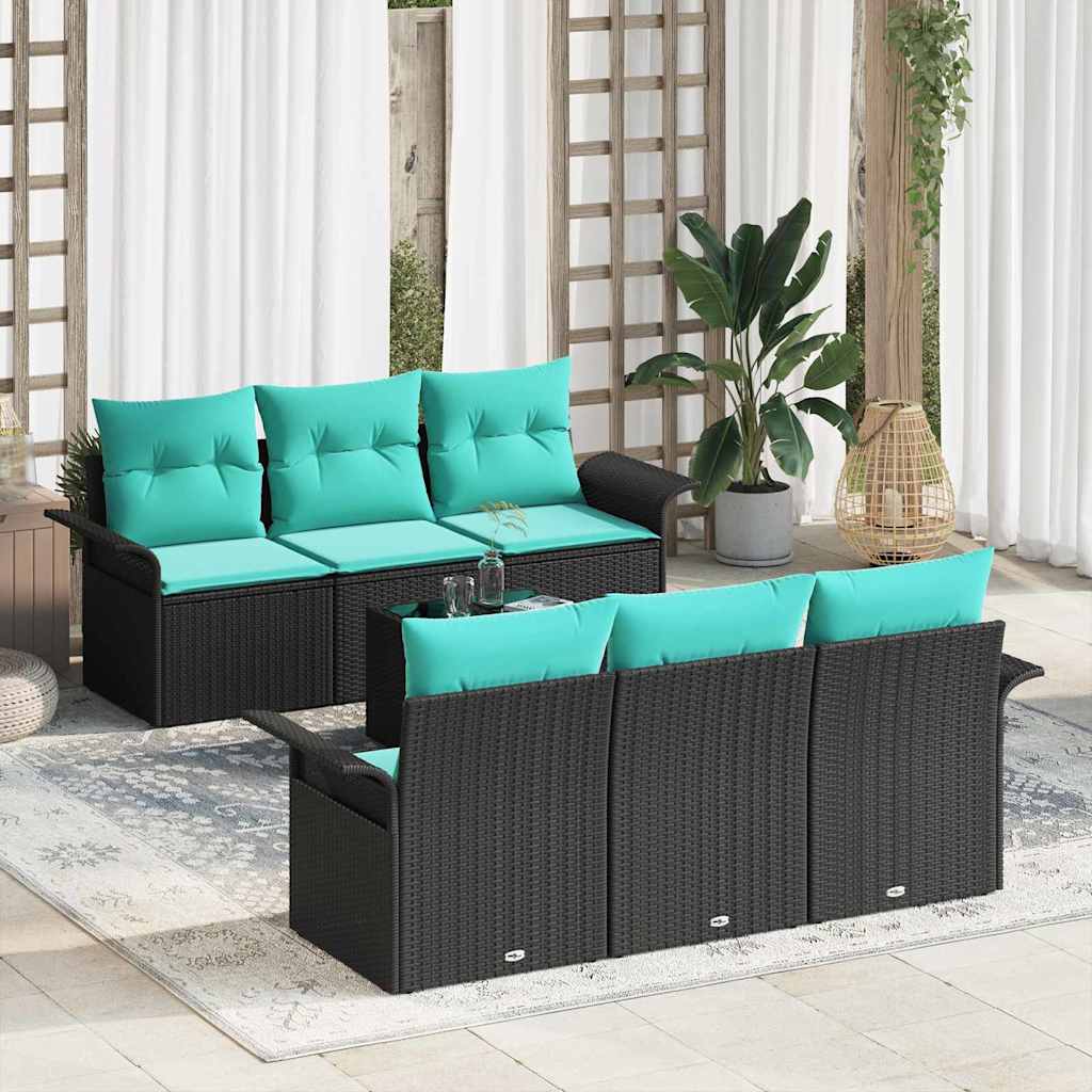 Havesofa Sæt 7 pcs Sort og turkis Polyrattan og stål og glas