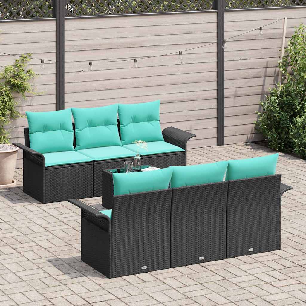 Havesofa Sæt 7 pcs Sort og turkis Polyrattan og stål og glas