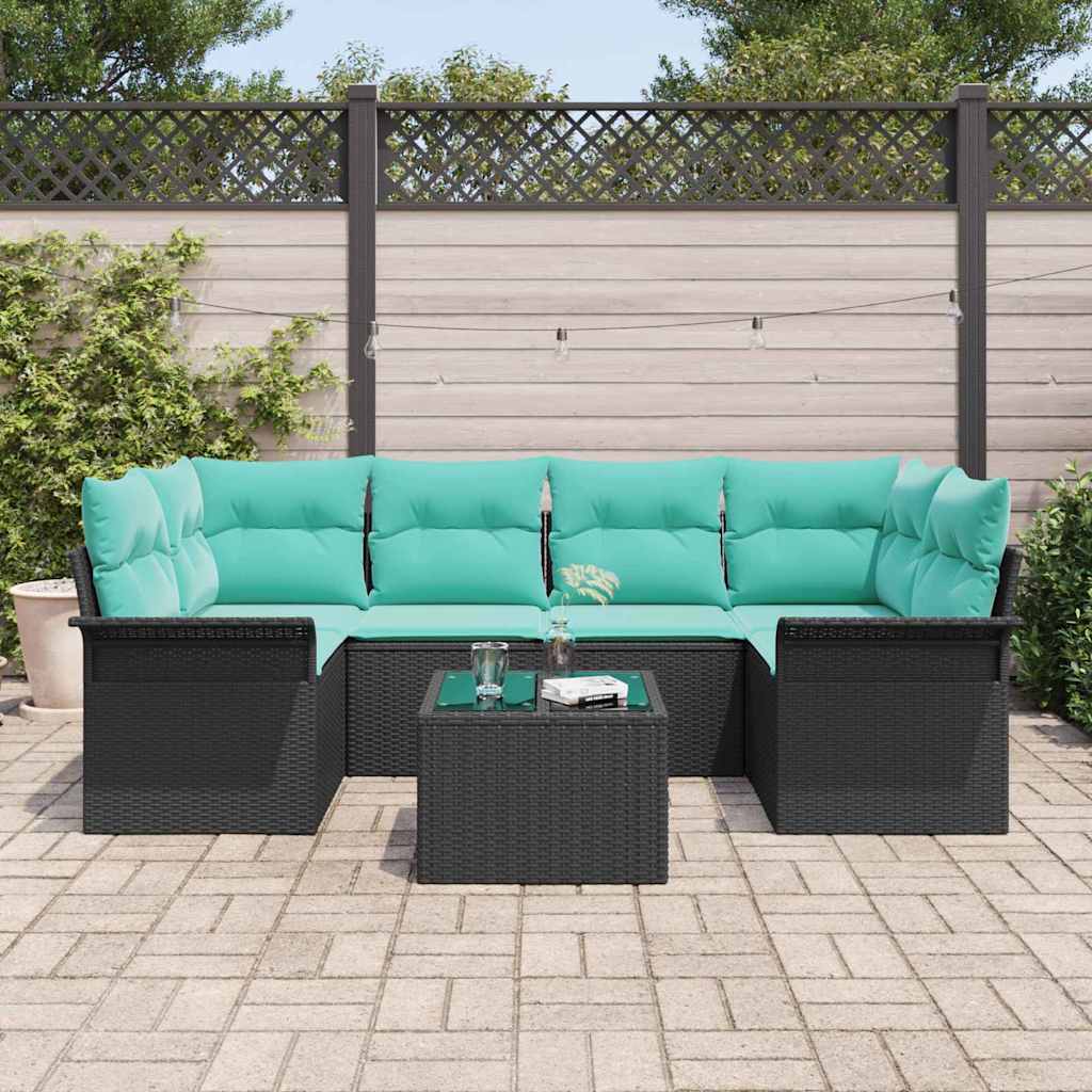 Havesofa Sæt med pude 7 pcs Sort og turkis polyrattan