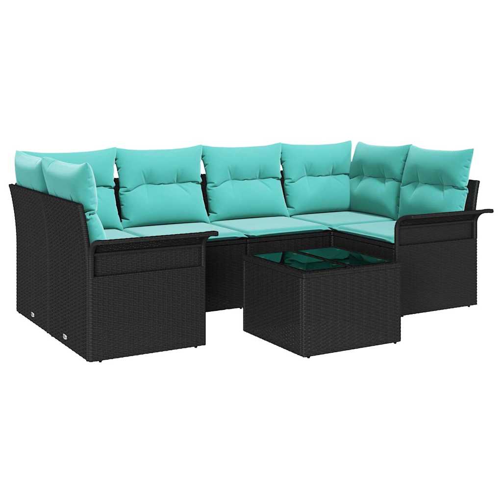 Havesofa Sæt med pude 7 pcs Sort og turkis polyrattan