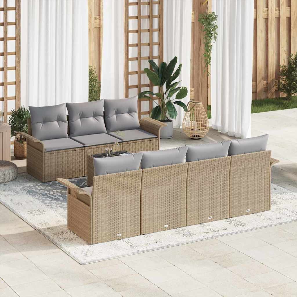 Havesofa Sæt med pude 8 pcs Beige og grå polyrattan