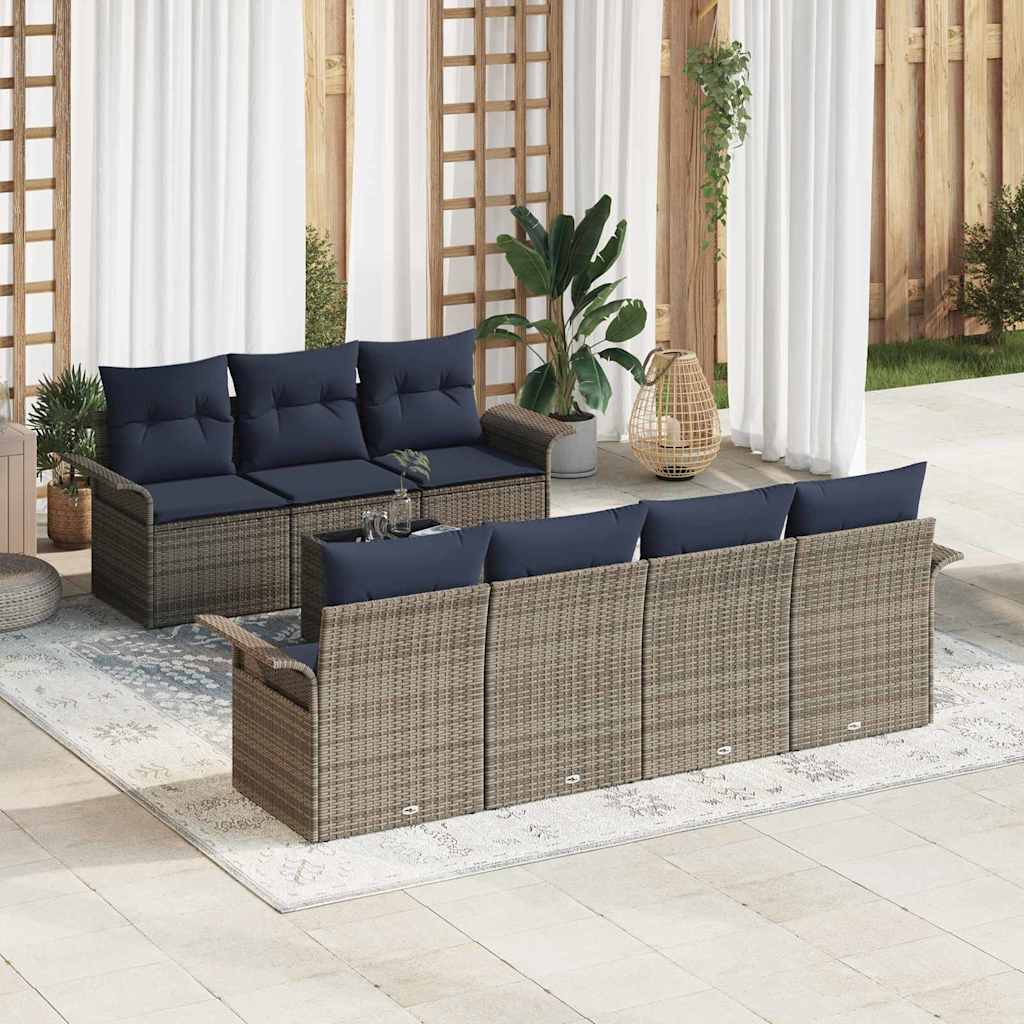 Havesofa Sæt med pude 8 pcs Grå og Marineblå polyrattan