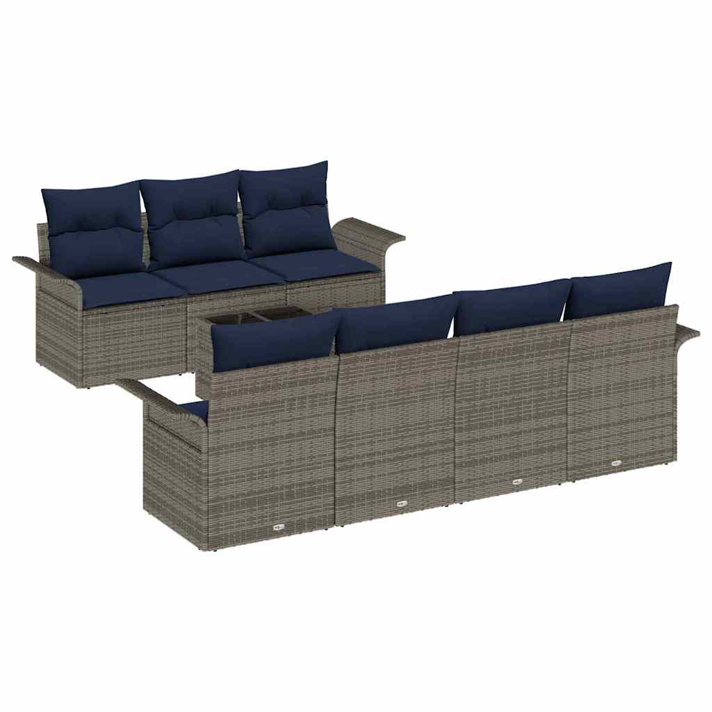 Havesofa Sæt med pude 8 pcs Grå og Marineblå polyrattan