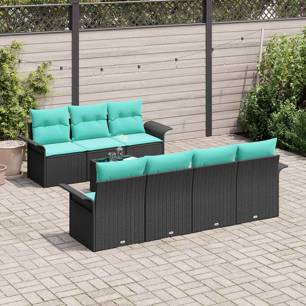 Havesofa Sæt med pude 8 pcs Sort og turkis polyrattan