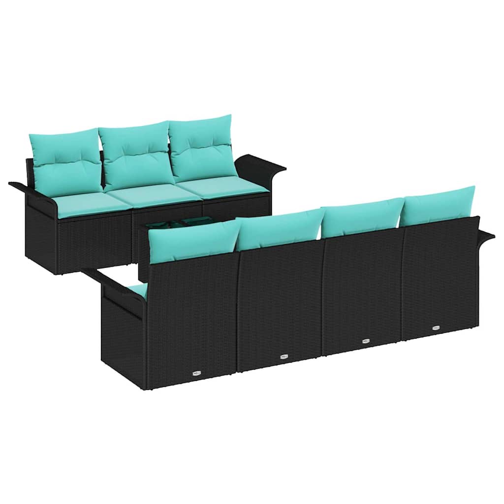 Havesofa Sæt med pude 8 pcs Sort og turkis polyrattan