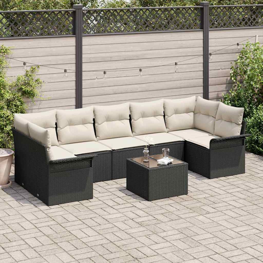 Havesofa Sæt med pude 8 pcs Sort og Cream polyrattan