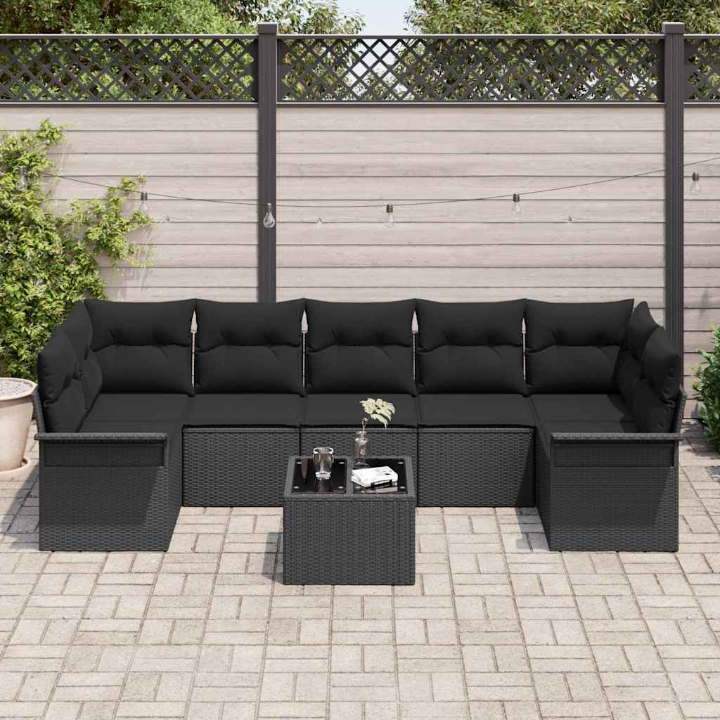 Havesofa Sæt med pude med opbevaring 8 pcs Sort polyrattan